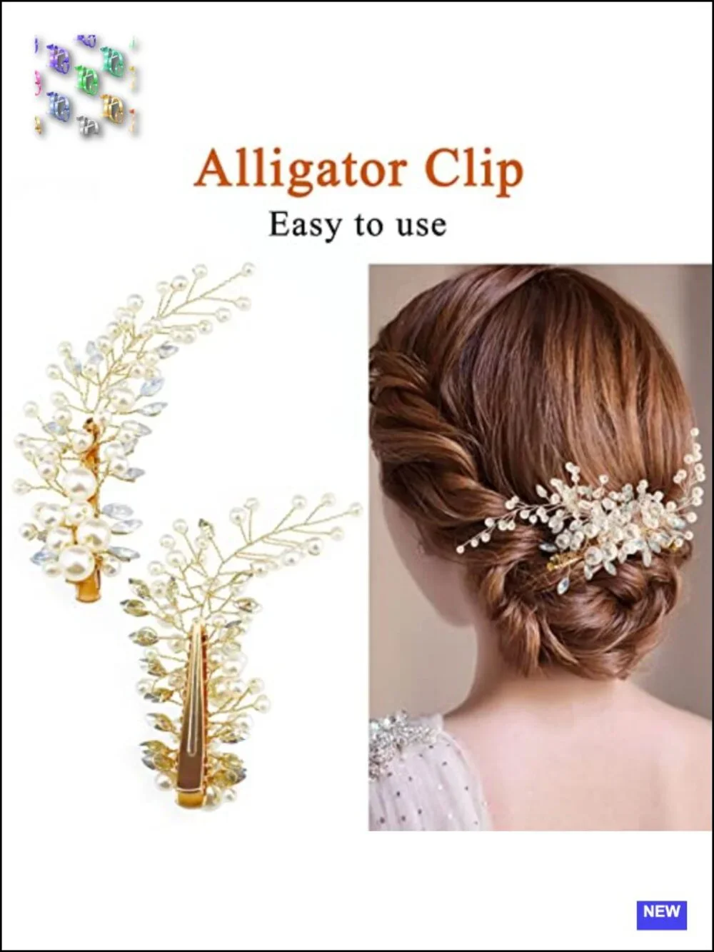Set of 2 Pearl Rhinestone Alligator Hair Clips - Gold Bendable